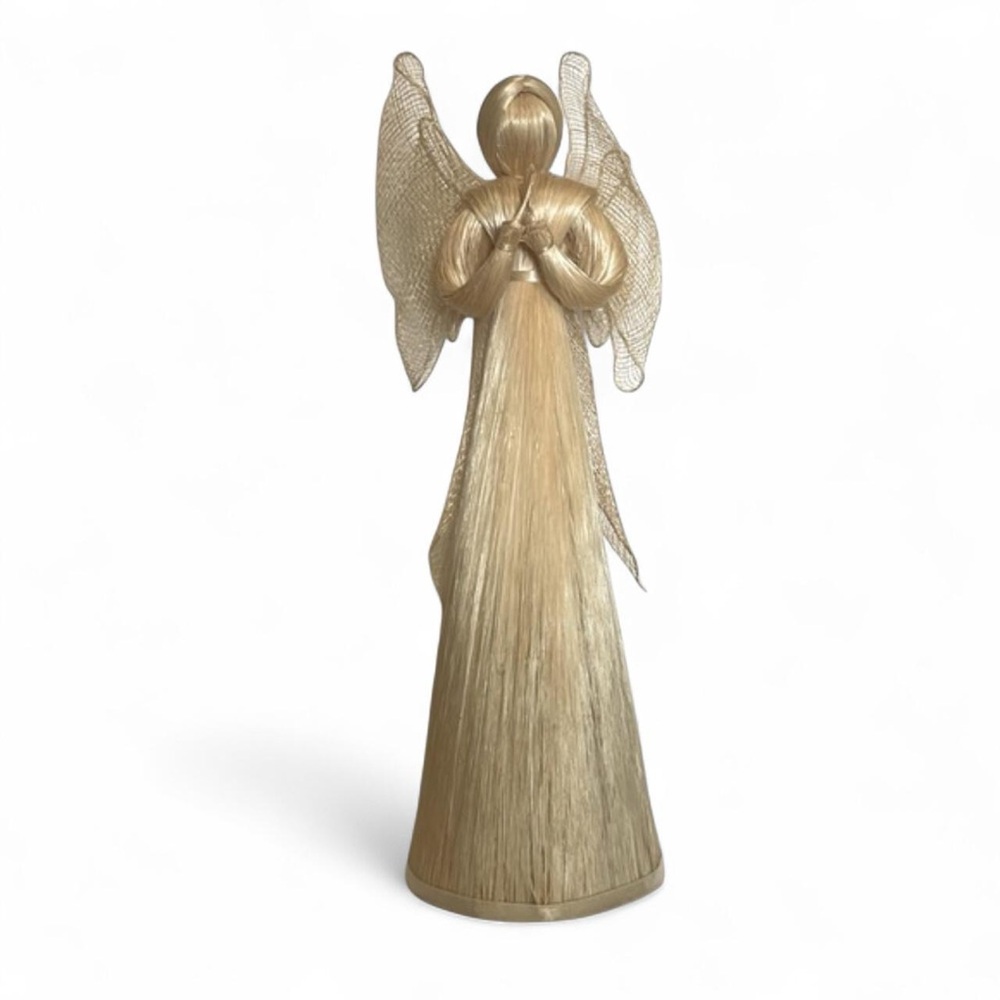 13" Cream Straw Standing Praying Angel Wings Handmade Philippines